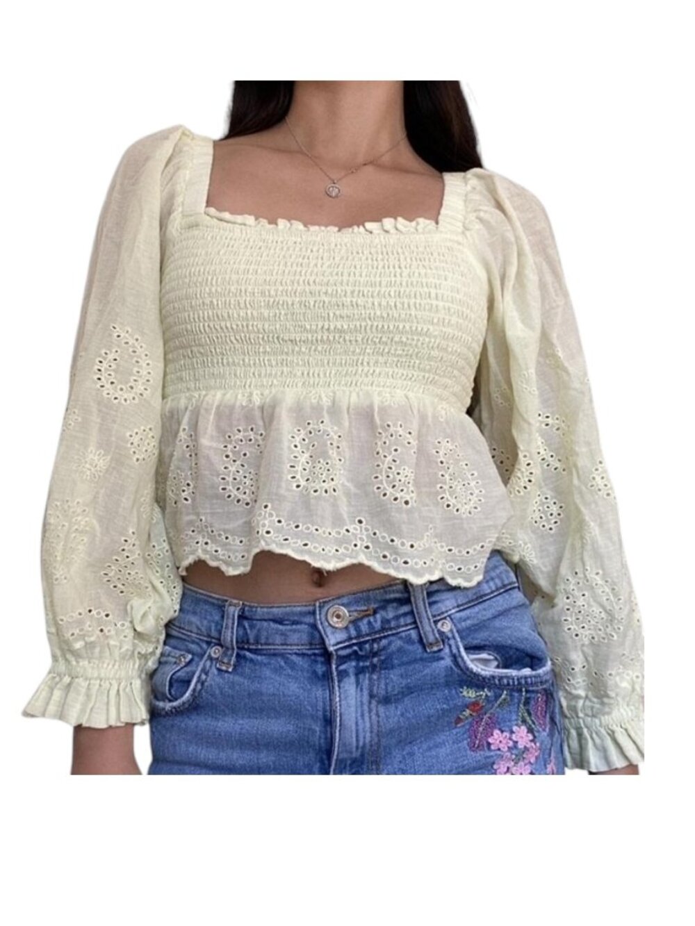 AMERICAN EAGLE Smocked Eyelet Embroidered Balloon Sleeve Top, Size Large - NWT